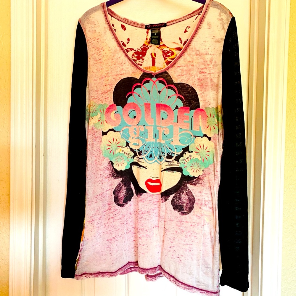 Custo Barcelona Semi-sheer Long Sleeve Tee Golden Girl Hawaiian Anime Boho Funky